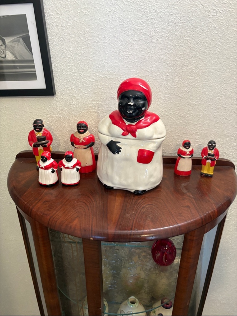 Vintage Black Mammy Cookie Jar and Mini Figurine Set - Red & White